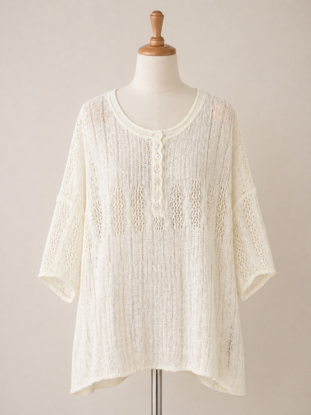 POL Open Knit Sweater Tunic Boho Ivory Button Front Lightweight Size Small NWOT